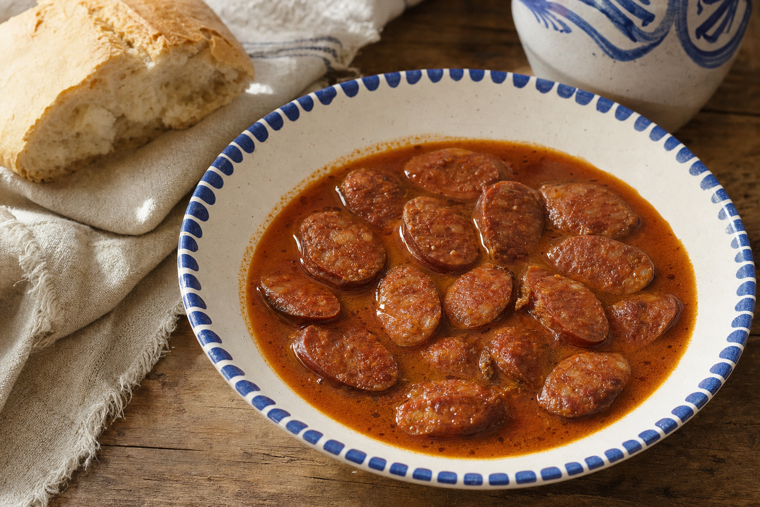 Chorizo a la Sidra — Chorizo in Sidra geschmort: würzig, leicht säuerlich, mit Sud zum Tunken