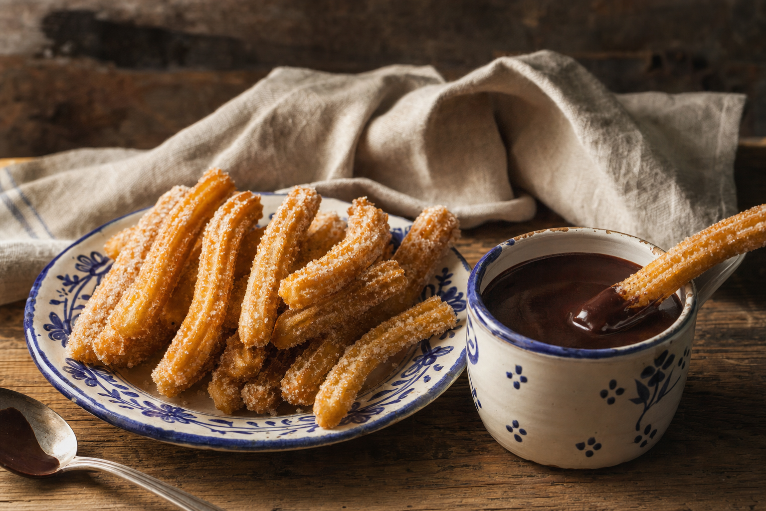 Churros con Chocolate — Knusprige Teigstangen mit Zucker und Zartbitterschokolade zum Eintunken