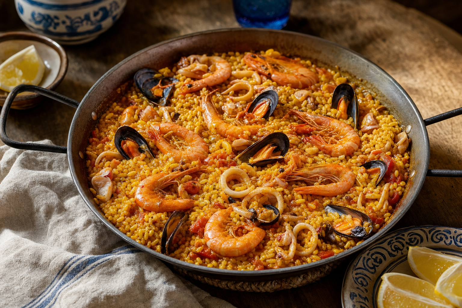 Paella de Marisco — Paella mit Meeresfrüchten: Safranreis, Garnelen, Tintenfisch und Muscheln