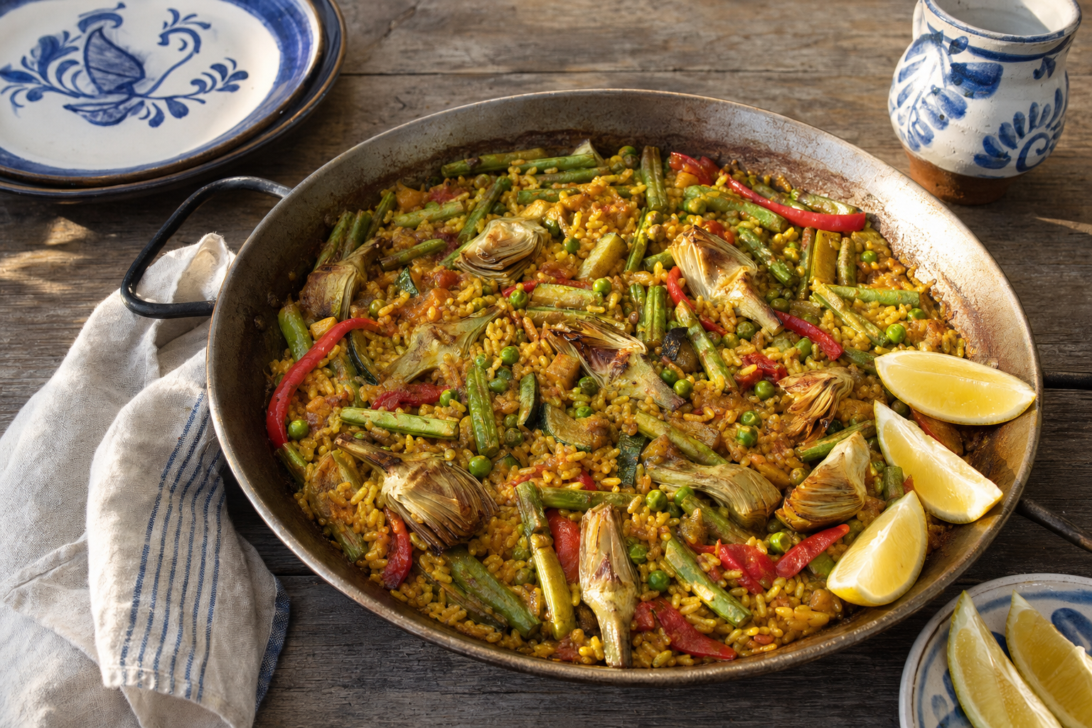 Paella de verduras — Safranreis aus flacher Pfanne mit Artischockenherzen, Bohnen, Paprikaschoten und Erbsen