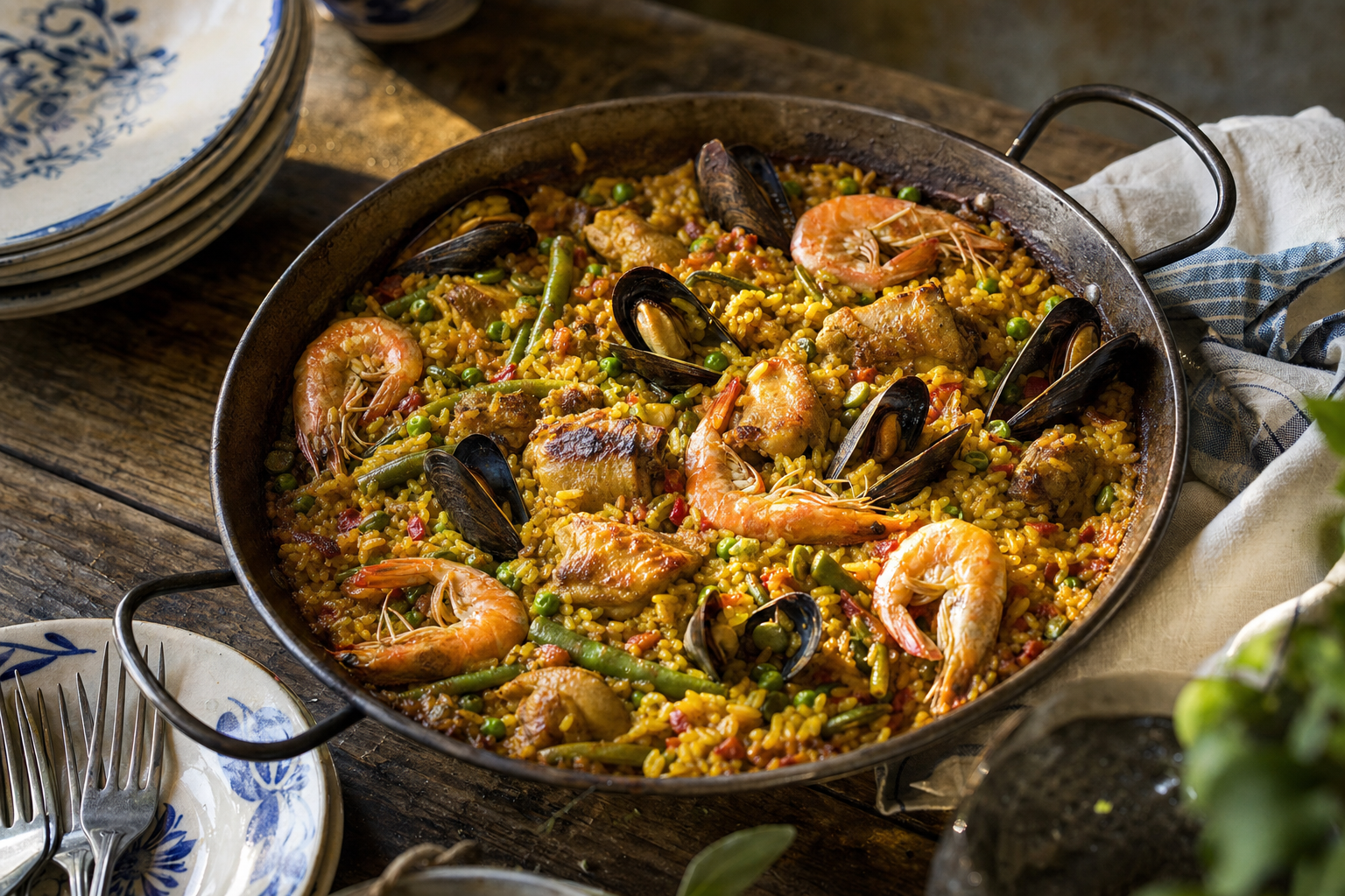 Paella Mixta — Safranreis mit Hähnchen, Garnelen und Muscheln, aus einer Pfanne für alle
