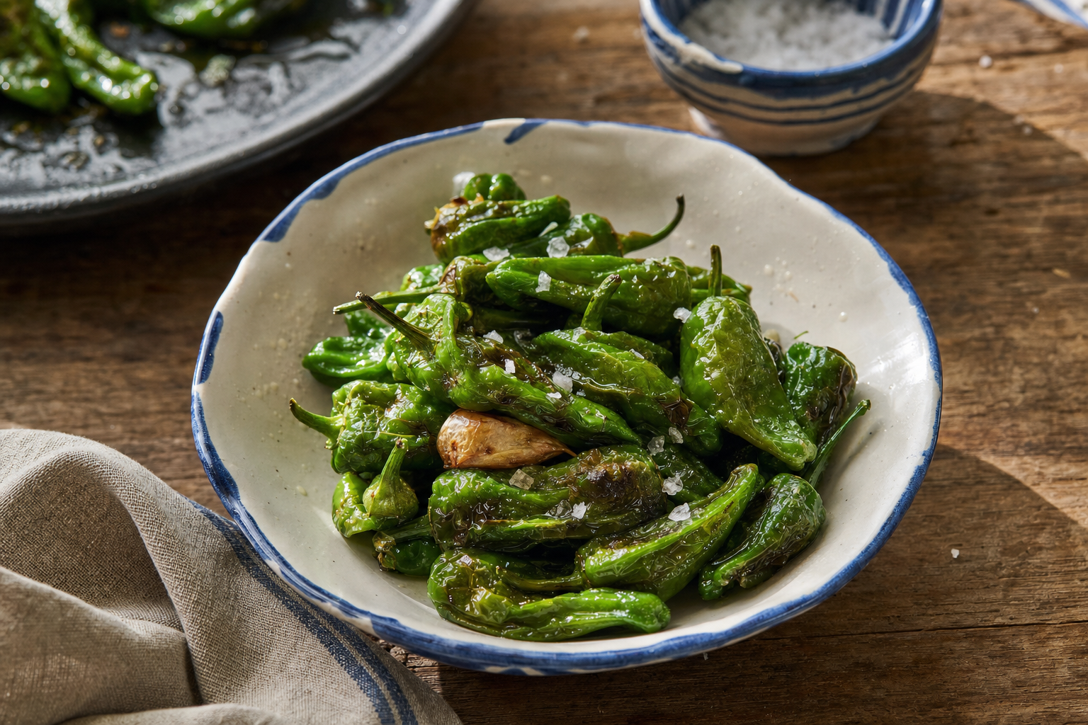 Pimientos de Padrón — Kleine grüne Paprikaschoten in Olivenöl, heiß aus der Pfanne und grob gesalzen